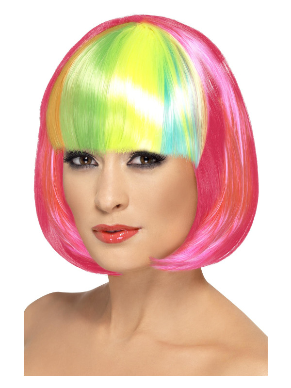 Partyrama Wig, 12 inch, Neon Pink, Short Bob with Rainbow Fringe