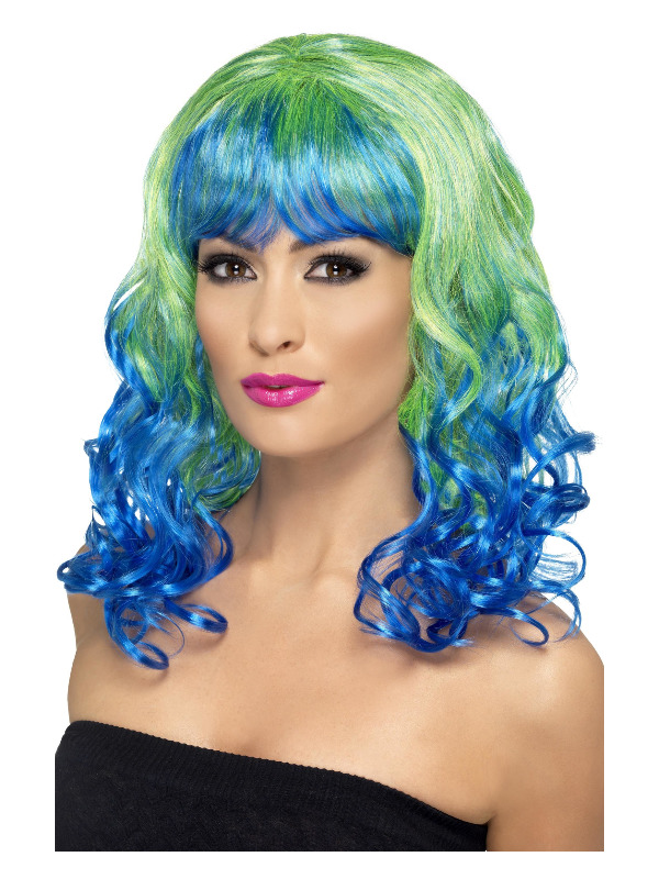 Divatastic Wig, Curly, Green & Blue, with Blue Fringe