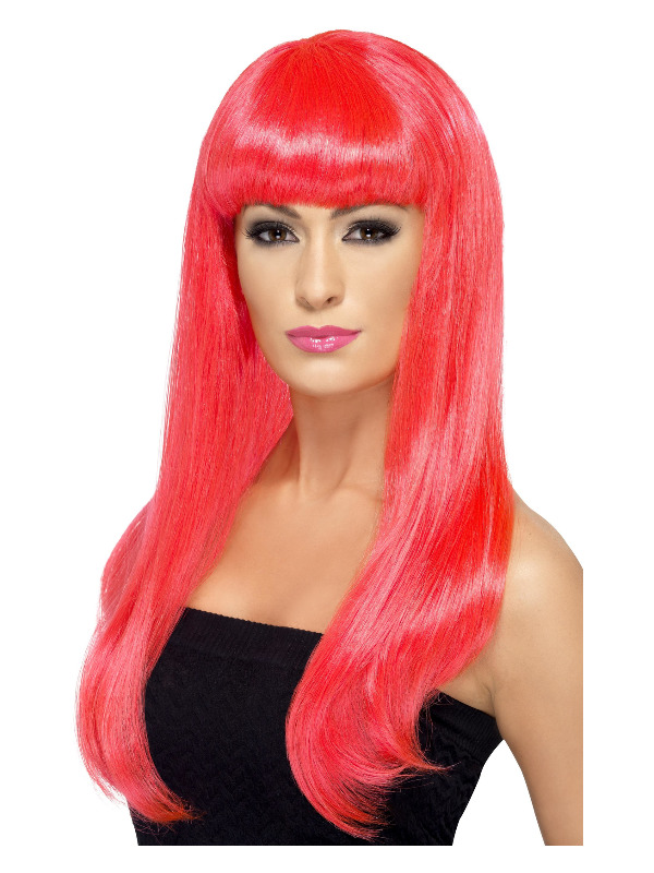 Babelicious Wig, Neon Pink, Long, Straight with Fringe