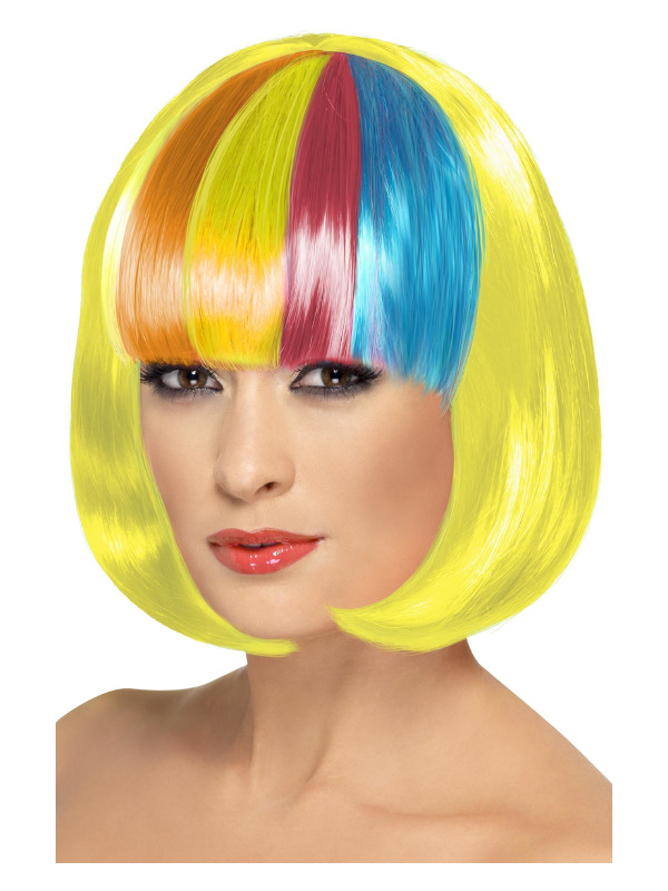 Partyrama Wig, 12 inch, Yellow, Short Bob with Rainbow Fringe