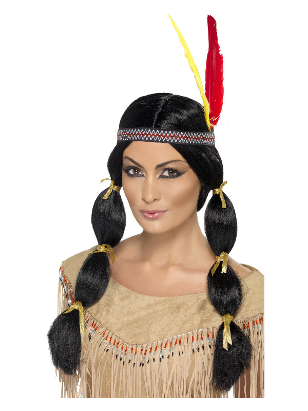 Native American Inspired Wig, Black, with Pigtails and Headband