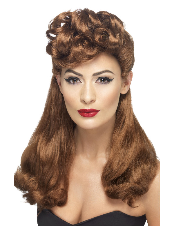 40s Vintage Wig, Auburn, Long with Top Curls