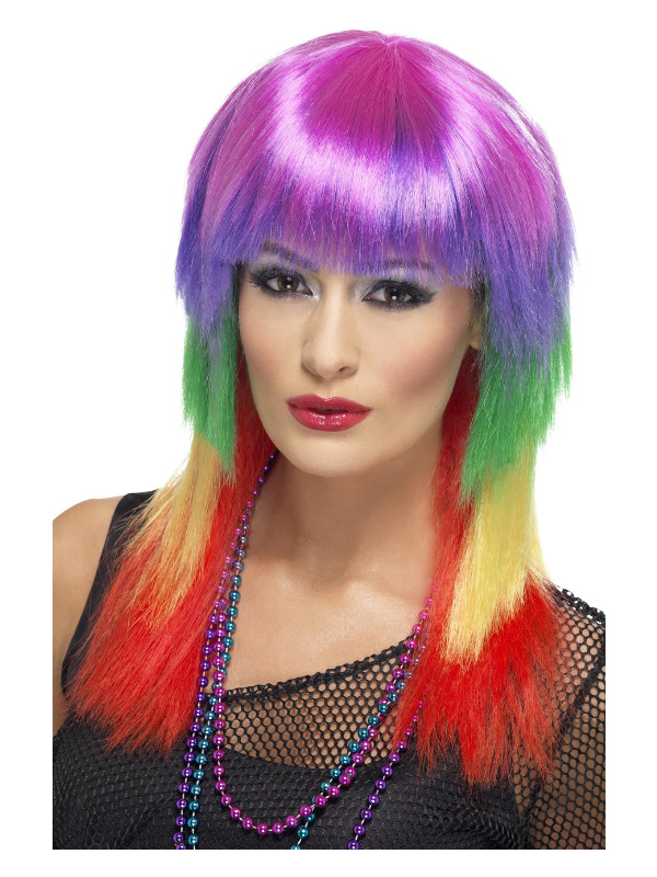 Rainbow Rocker Wig, Rainbow, Long, with Fringe