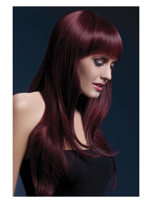 Fever Sienna Wig, Black Cherry, Long Feathered with Fringe, 66cm / 26in