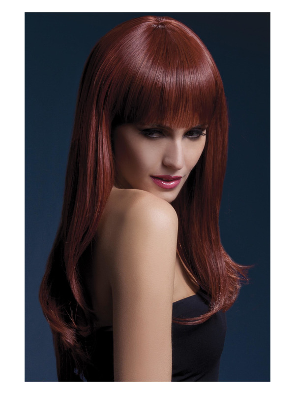 Fever Sienna Wig, Dark Auburn, Long Feathered with Fringe, 66cm / 26in