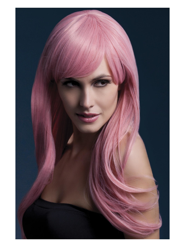 Fever Sienna Wig, Pastel Pink, Long Feathered with Fringe, 66cm / 26in