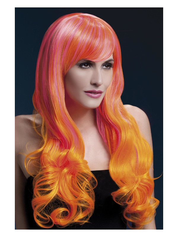 Fever Emily Wig, Pink & Orange, Long Soft Curl with Fringe, 28inch/71cm