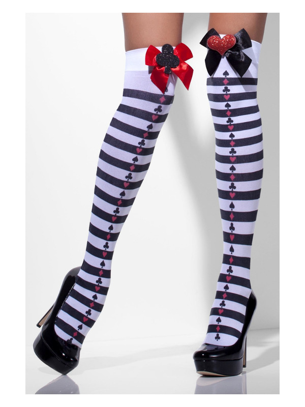 Opaque Hold-Ups, Black & White, Striped with Red Bows