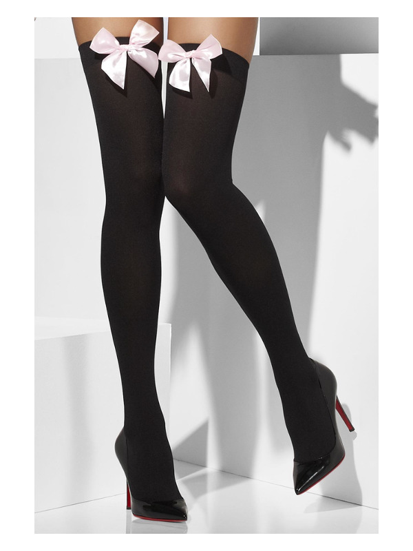Opaque Hold-Ups, Black, with Pink Bows