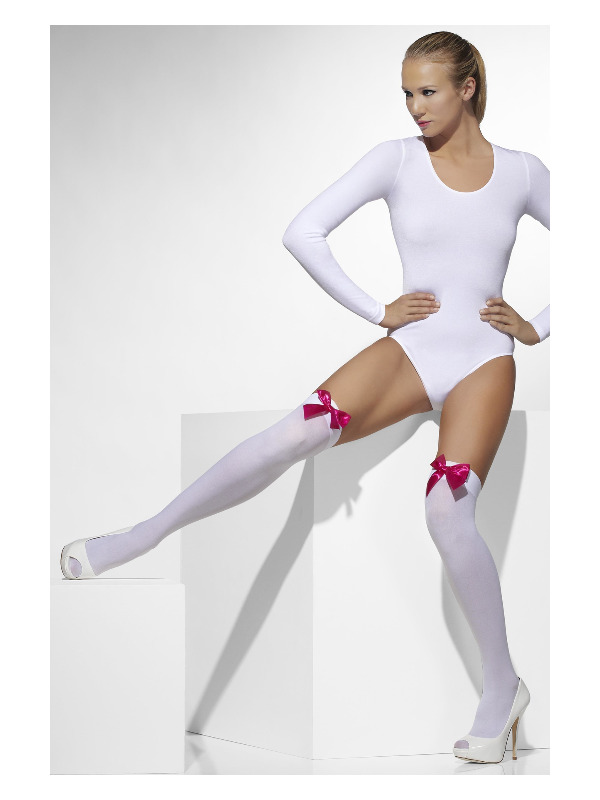 Opaque Hold-Ups, White, with Fuchsia Bows