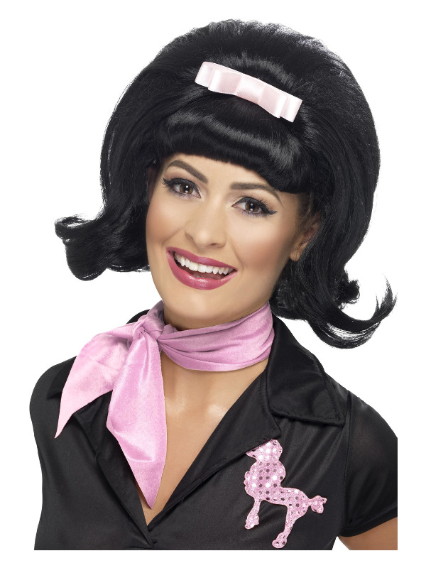 50s Flicked Beehive Bob, Black, with Ribbon Bow