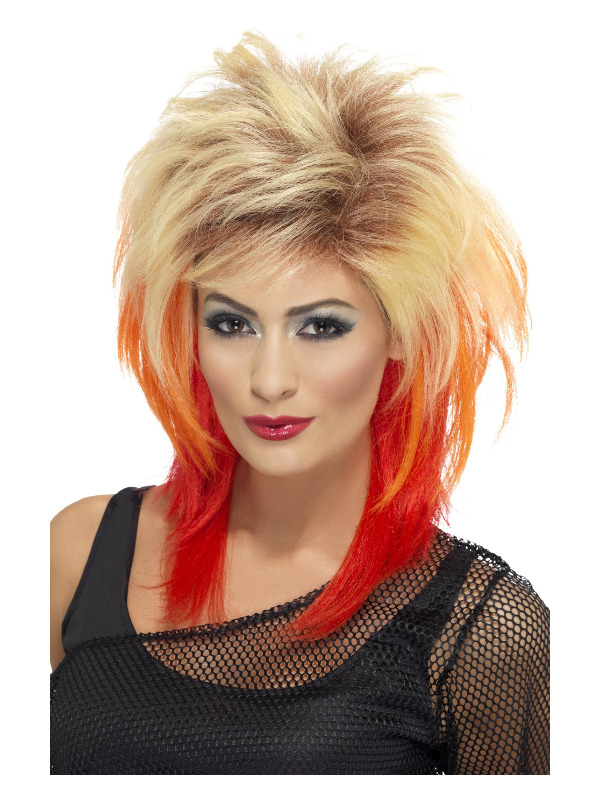 80s Mullet Wig, Blonde, with Red Streaks