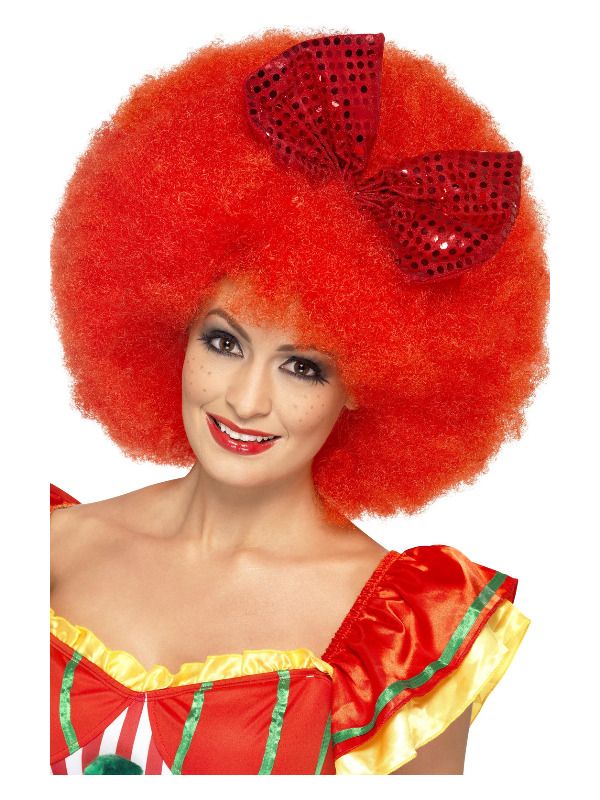 Mega Afro Clown Wig, Red, with Sequin Bow