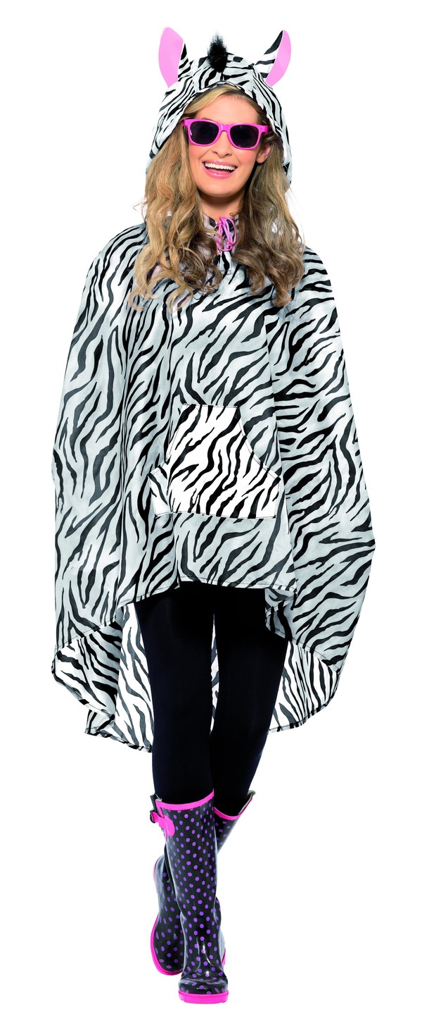 Zebra Party Poncho, Black & White, with Drawstring Bag