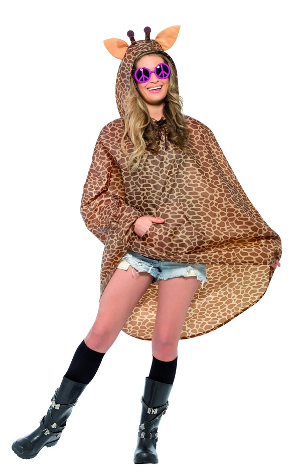 Giraffe Party Poncho, Brown, with Drawstring Bag