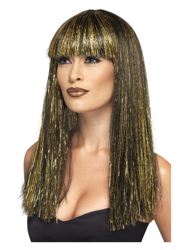 Egyptian Goddess Wig, Black, with Gold Tinsel