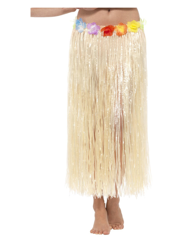Hawaiian Hula Skirt with Flowers, Natural, with Velcro Fastening & Adjustable Waist Band, 75cm/29in