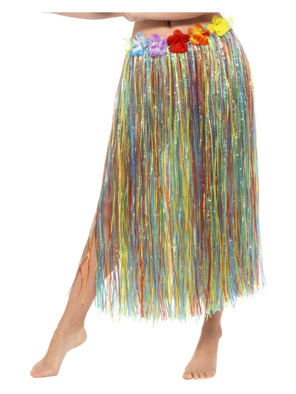 Hawaiian Hula Skirt with Flowers, Multi-Coloured, with Velcro, Fastening & Adjustable Waist Band, 75cm/29in