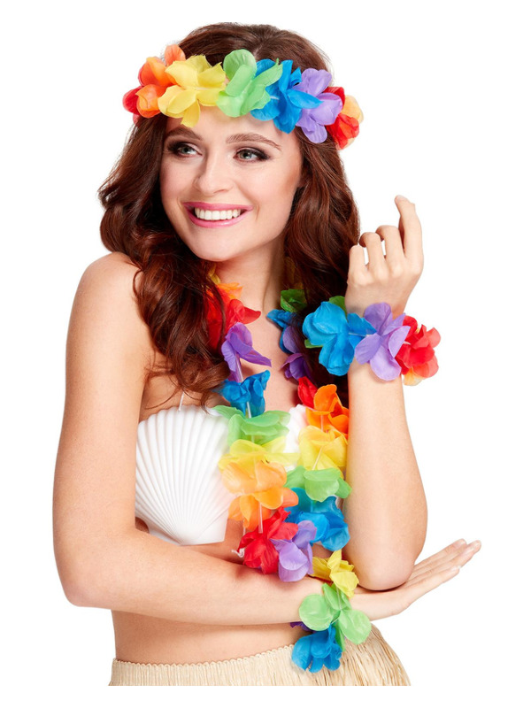 Rainbow Hawaiian Set, Multi-Coloured, with Garland, Headband & Wristband