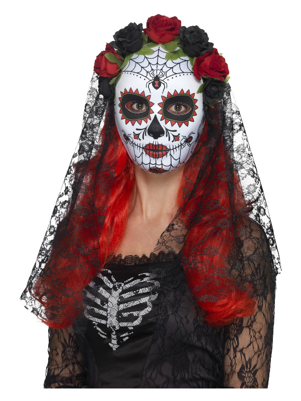 Day of the Dead Senorita Mask, Full Face, Red & Black, with Roses & Veil