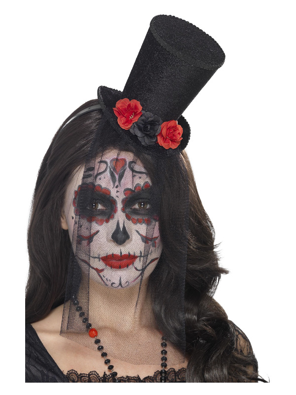 Day of the Dead Mini Top Hat, Black, on Headband, with Roses & Detachable Lace Veil