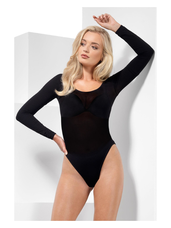 Opaque Bodysuit, Black, Long Sleeve, Snap Crotch