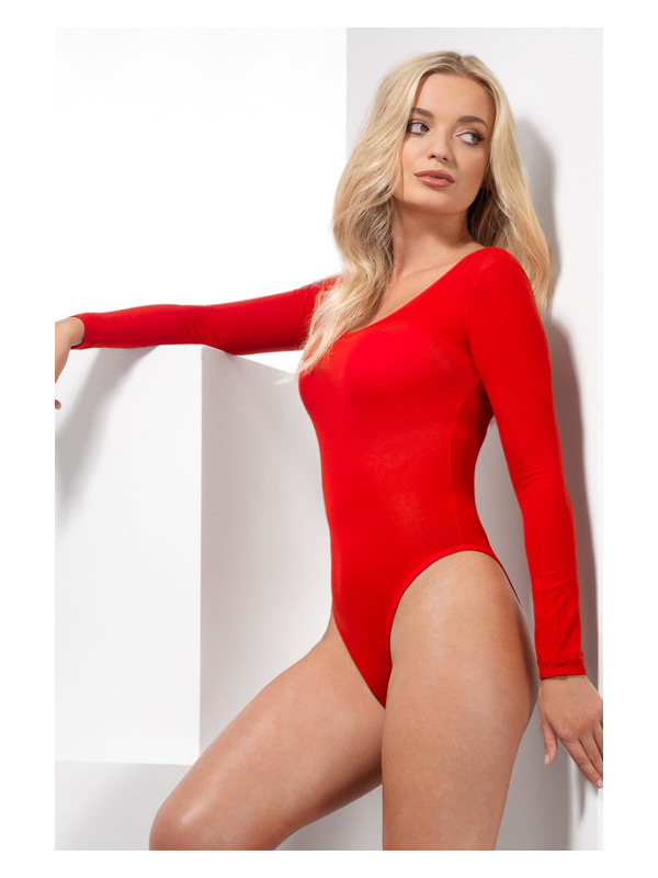 Opaque Bodysuit, Red, Long Sleeve, Snap Crotch
