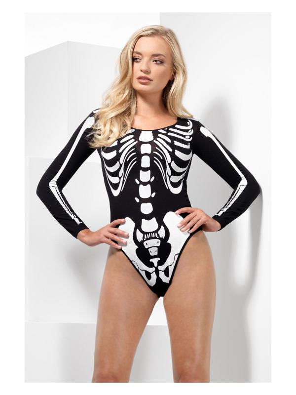 Opaque Skeleton Bodysuit, Black, Long Sleeve, Snap Crotch