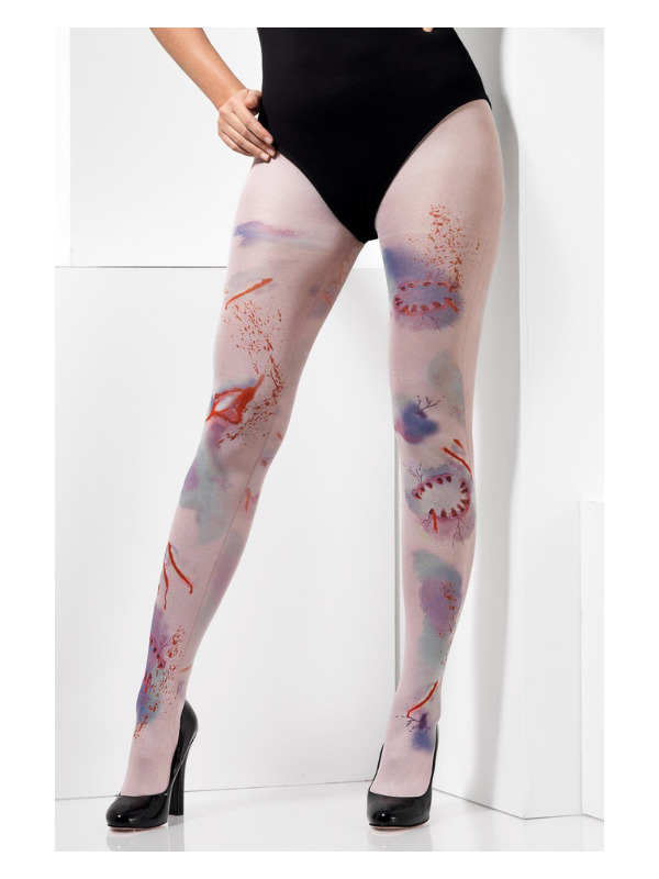 Zombie Attack Opaque Tights, Nude, with Wound & Bite Print