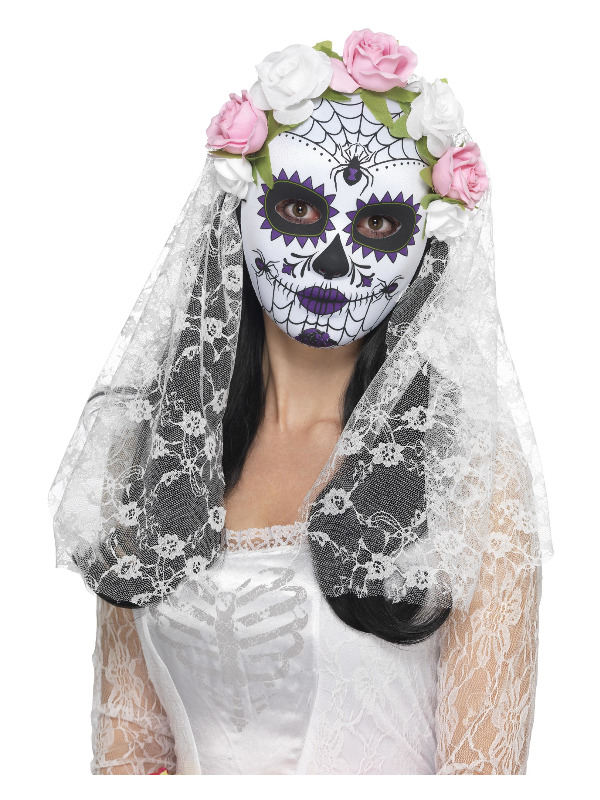 Day of the Dead Bride Mask, Full Face, White, with Roses & Veil