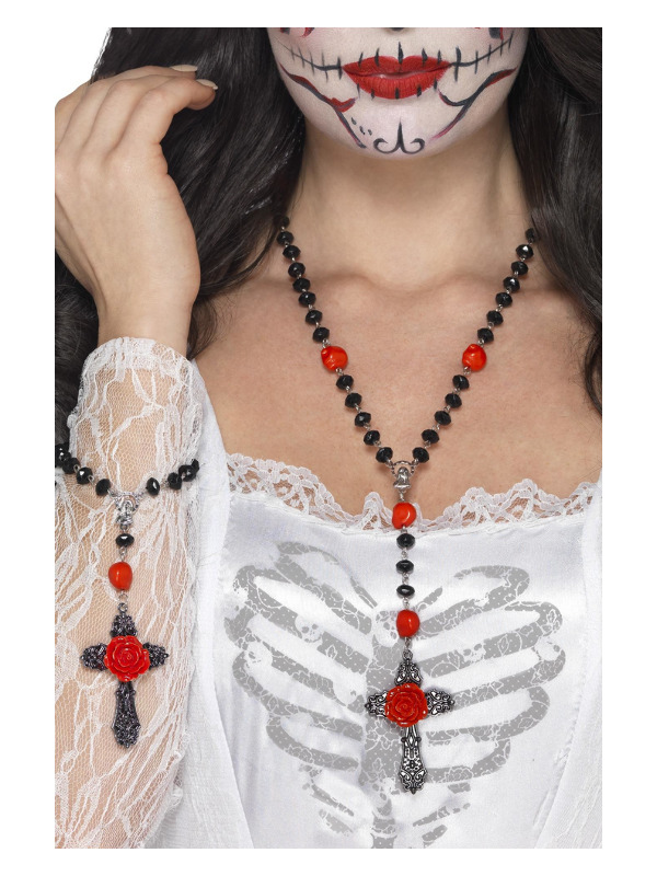 Day of the Dead Rosary Bead Set, Black, with Necklace & Bracelet