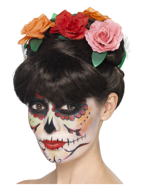 Day of the Dead Frida Wig, Black, with Plaits & Flowers