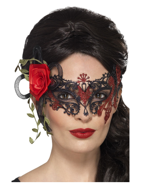 Day of the Dead Metal Filigree Eyemask, Black, with Roses