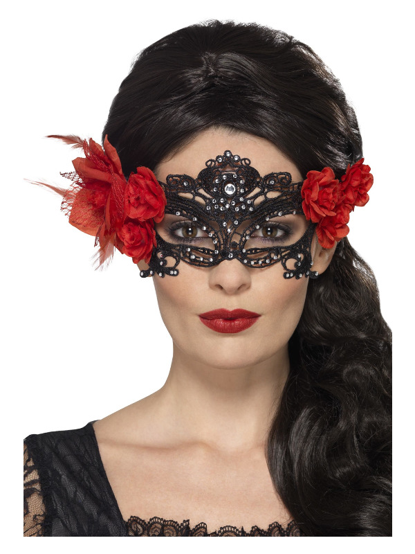 Day of the Dead Lace Filigree Eyemask, Black, with Roses