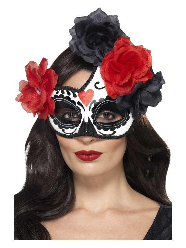 Day of the Dead Crescent Eyemask, Black & Red, with Roses