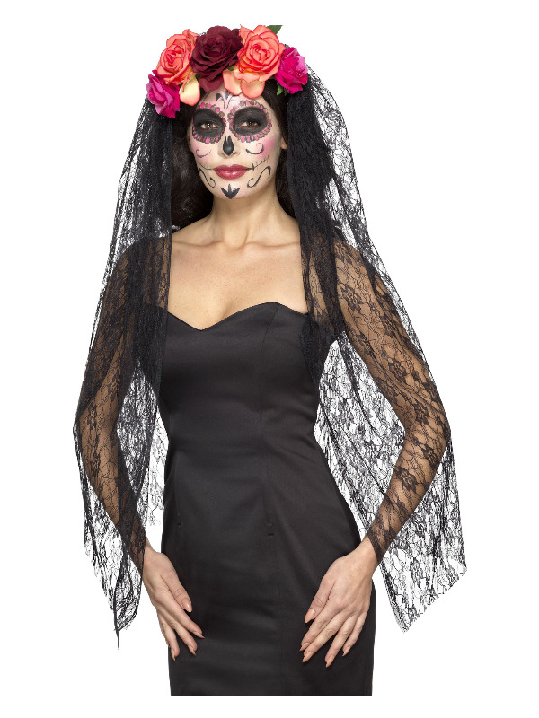 Deluxe Day of the Dead Headband, Red & Black, with Roses & Veil