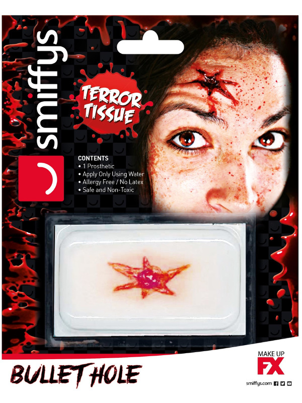 Smiffys Make-Up FX, Horror Transfer, Bullet Hole Wound, Red, Water Based, Allergy & Latex Free