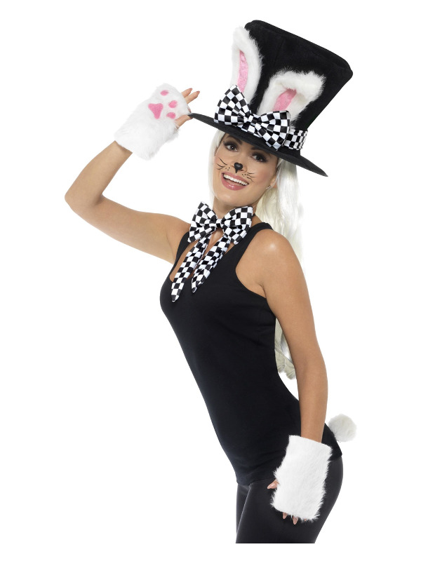 Tea Party March Hare Kit, Black & White, Top Hat, Rabbit Ears, Gloves, Bow Tie & Tail