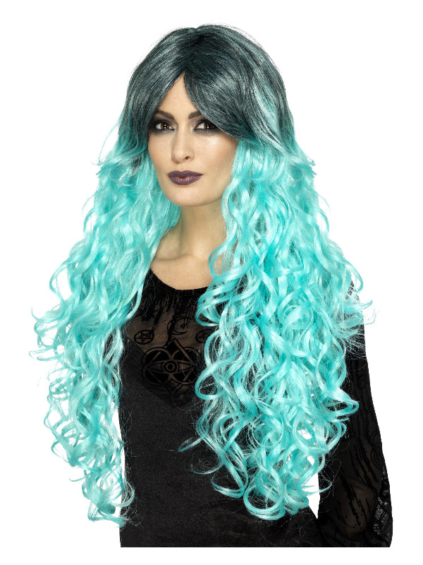 Gothic Glamour Wig, Teal Green, with Dark Roots