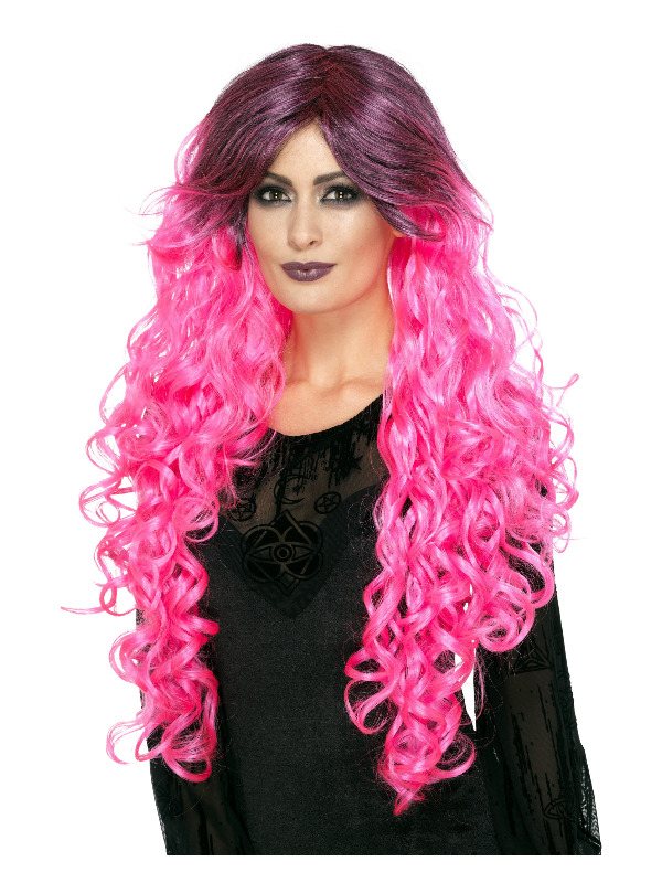 Gothic Glamour Wig, Neon Pink, with Dark Roots