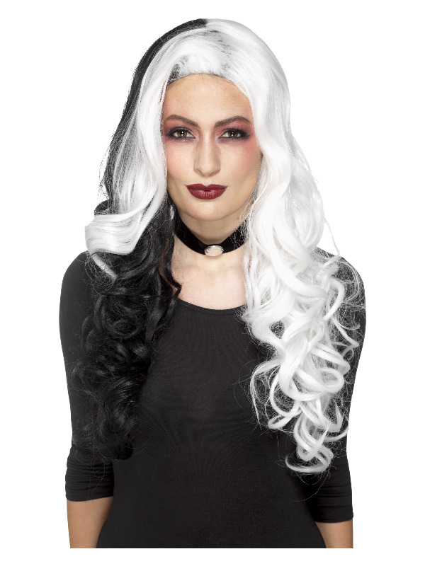 Deluxe Evil Madame Wig, White & Black, Heat Resistant / Styleable