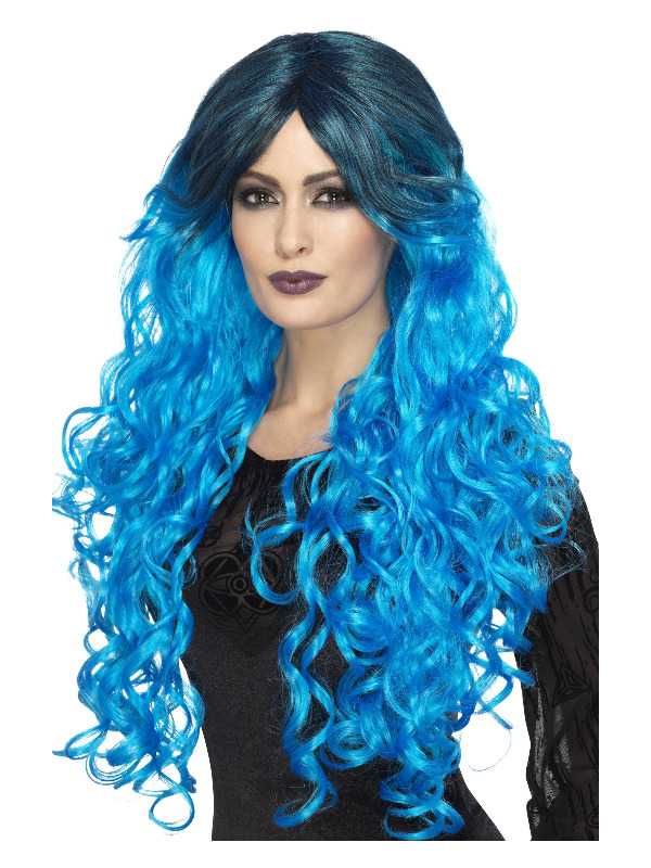 Gothic Glamour Wig, Electric Blue, with Dark Roots