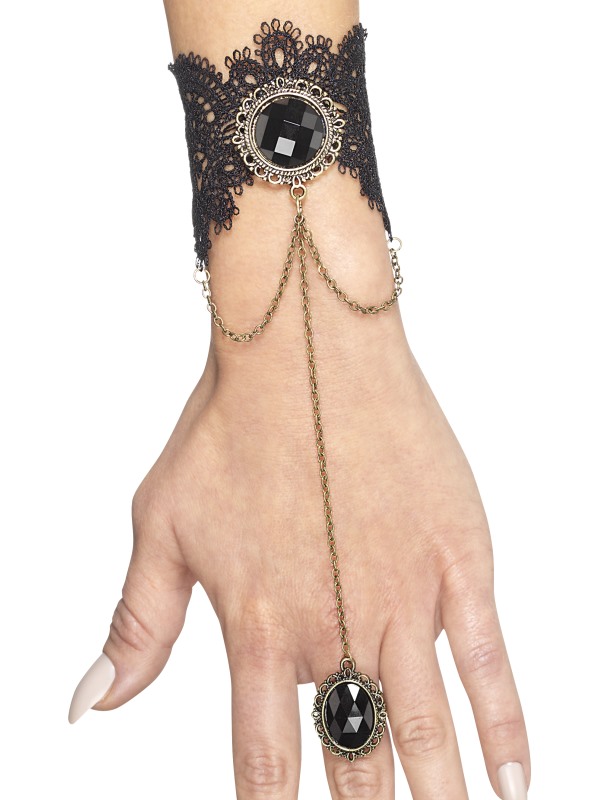 Gothic Bracelet, Black & Gold, with Attached Ring