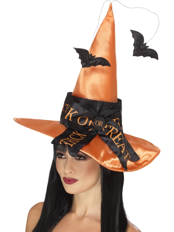 Trick or Treat Witch Hat, Orange, with Hanging Bats