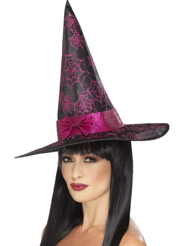 Glitter Cobweb Witch Hat, Black & Pink