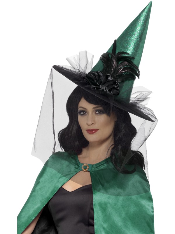 Deluxe Witch Hat, Green & Black, with Feathers & Netting