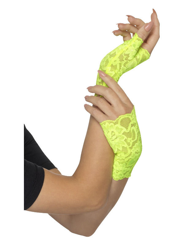 80s Fingerless Lace Gloves, Neon Green, Short