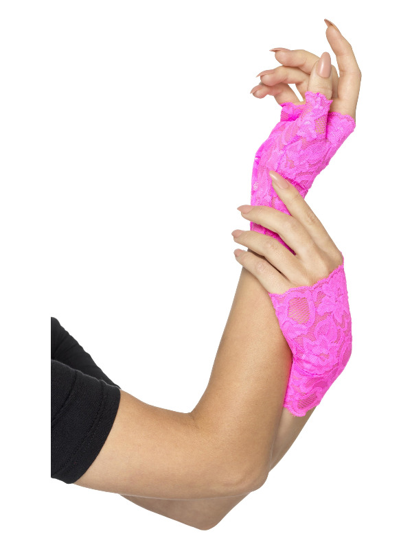 80s Fingerless Lace Gloves, Neon Pink, Short