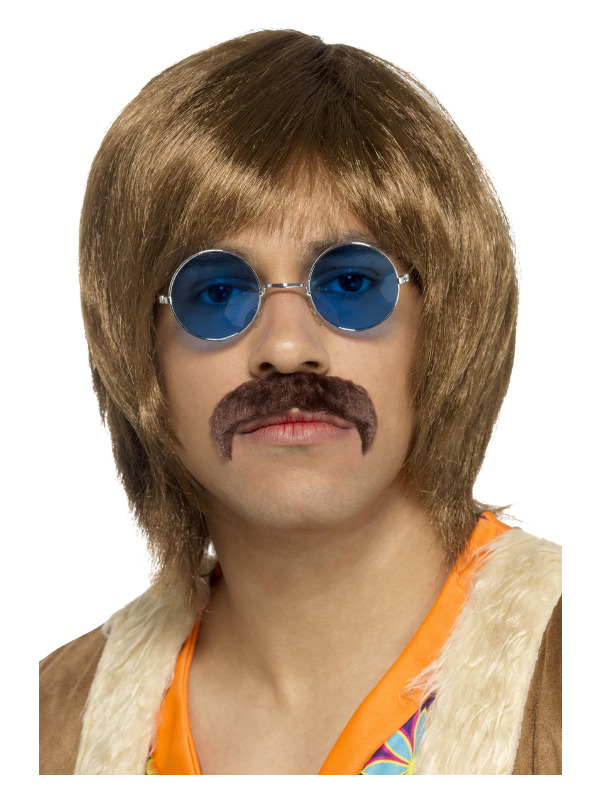 60s Hippie Kit, Brown, with Wig, Tash & Hippie Specs