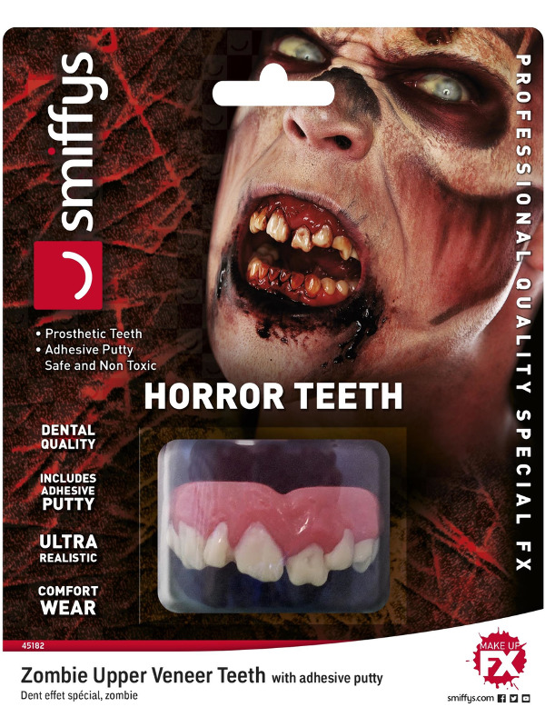 Smiffys Make-Up FX, Horror Teeth, Zombie, White, with Upper Veneer Teeth & Fixing Plastic